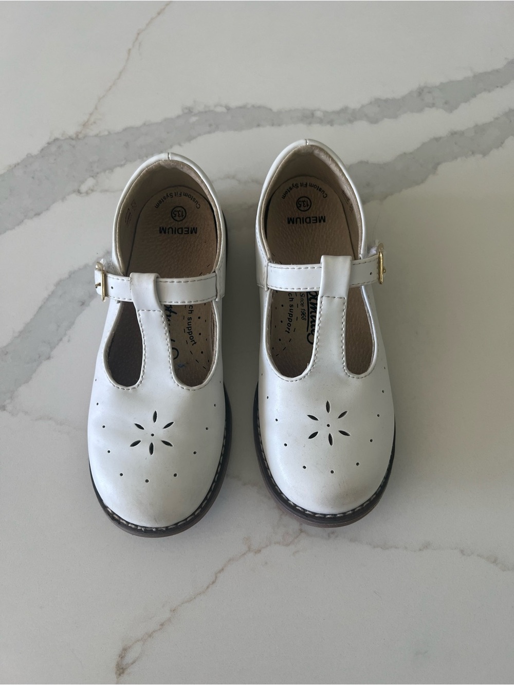 FootMates White T-Strap Girls Dress Shoes with Perforated Floral Cutouts